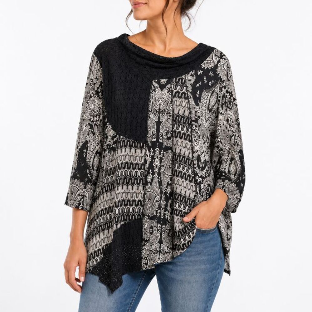 Caleesa Womens 2X Tunic Top Black White Paisley Lace Patchwork Asymmetrical